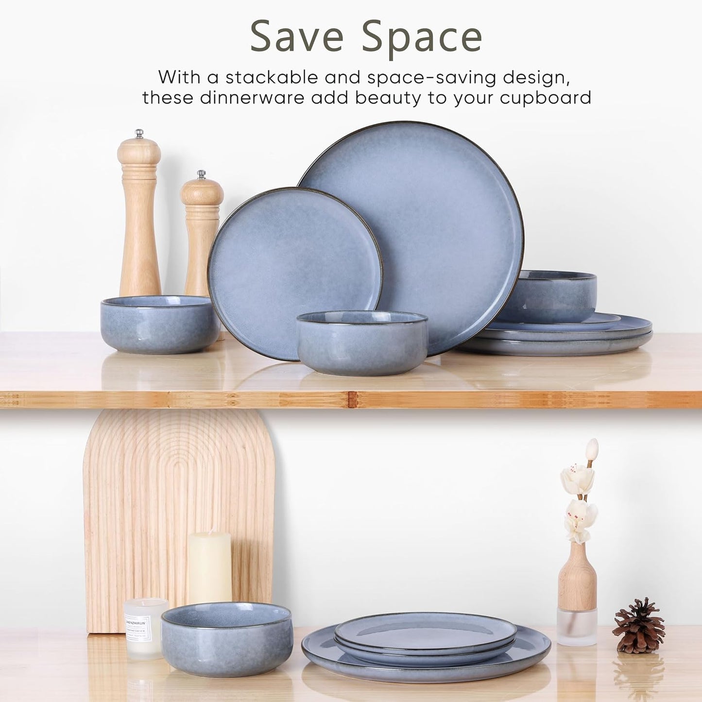 Herogo Stoneware Dinnerware Sets with Salad Bowls, Dinner Plates and Bowls Sets for 4, 16 Piece Dishware Place Setting for Kitchen, Chip & Scratch Resistant Dishware, Haze Blue