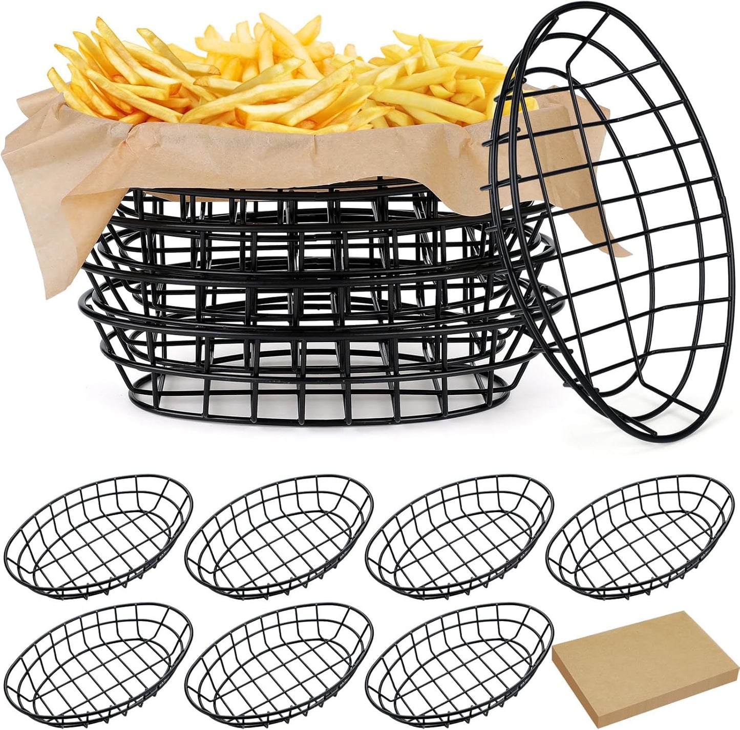 Hushee 12 Pcs Wire Bread Basket Bulk 9.5x6.2x2.2 Inch Oval Metal Dinner Roll Baskets for table Serving Fruit Bowl with 50 Deli Wrapper Paper for Restaurant Kitchen Fast Food