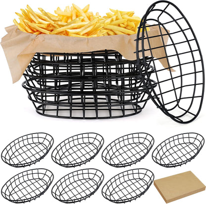 Hushee 12 Pcs Wire Bread Basket Bulk 9.5x6.2x2.2 Inch Oval Metal Dinner Roll Baskets for table Serving Fruit Bowl with 50 Deli Wrapper Paper for Restaurant Kitchen Fast Food