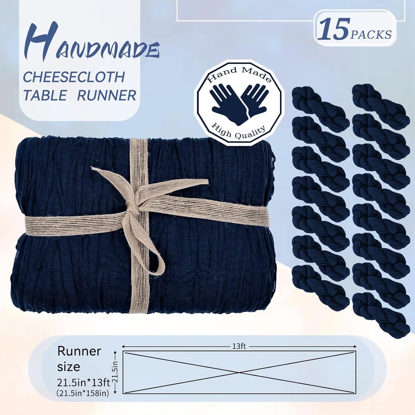 15 Packs Cheesecloth Table Runner Navy Blue,13 Ft Dark Blue Rustic Gauze Boho Wedding Table Runner Decoration, Wedding Table Decor Table Cloth for Wedding Party Bridal Shower Table,21.5x157in
