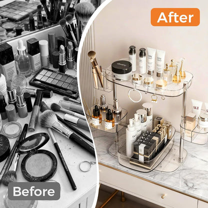 Rotating Makeup Vanity Organizer, Bathroom Countertop Cosmetic Skin Care Storage,Cosmetic Display Case with Brush Holder,for Skincare Perfume Cosmetics,Detachable Hanging Trays & Hooks