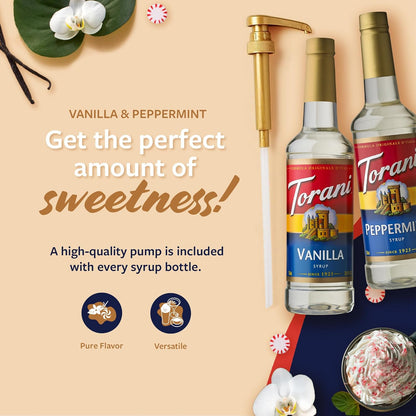 Torani Syrups, Peppermint and Vanilla Syrup Variety 2-Pack, Coffee Syrups for Drinks, Pumps Included, 25.4 Fl Oz Ea