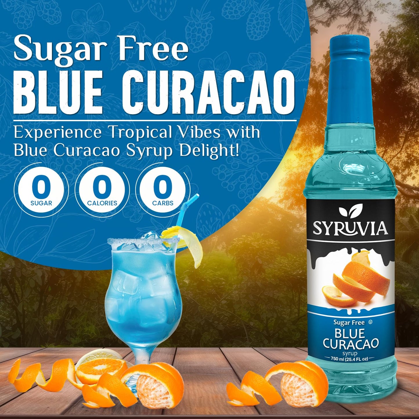 Syruvia Sugar Free Blue Curacao Syrup, Flavored Syrup for Cocktails, Drinks, Lemonades, Iced Teas, and Desserts – 25.4 fl oz