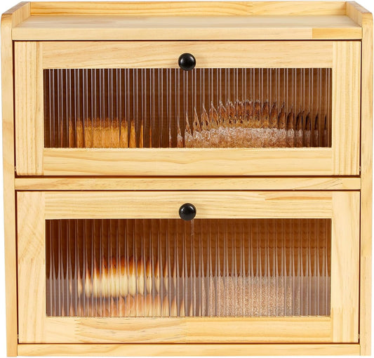 Sunhoo Bread Box for Kitchen Countertop Wooden Bread Storage Container Bin 2 Layer Breadbox Holder Large Capacity Keeper Vintage Farmhouse Food Organizer Pantry Shelf Acrylic Window（Wood color）