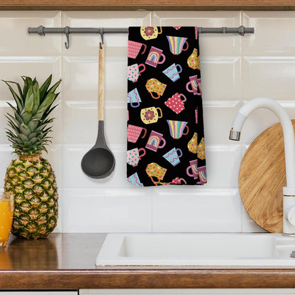 Trendy Teacups Kitchen Dish Towels Black, Coffee Cups Teapots Kitchen Decor, Aesthetic Garden Tea Lover Gifts for Women men, Tea Time Hand Towels Kitchen Bathroom Tea Towels Decorations, 16x24inch