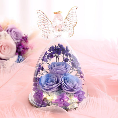 Christmas Rose Gifts for Women Preserved Real Flower in Glass Angel Figurines Roses for Delivery Prime Birthday Gifts for Mom Grandma Girlfriend Wife Her, BluePurple