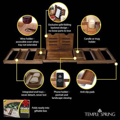 Temple Spring Foldable Bathtub Tray, Unique Design Selfcare Bathroom Caddy, Acacia Spa Bathroom Tray, Wooden Bathtub Accessories, Wedding Gift/Birthday Gift/New Home Bath Table – Not Teak