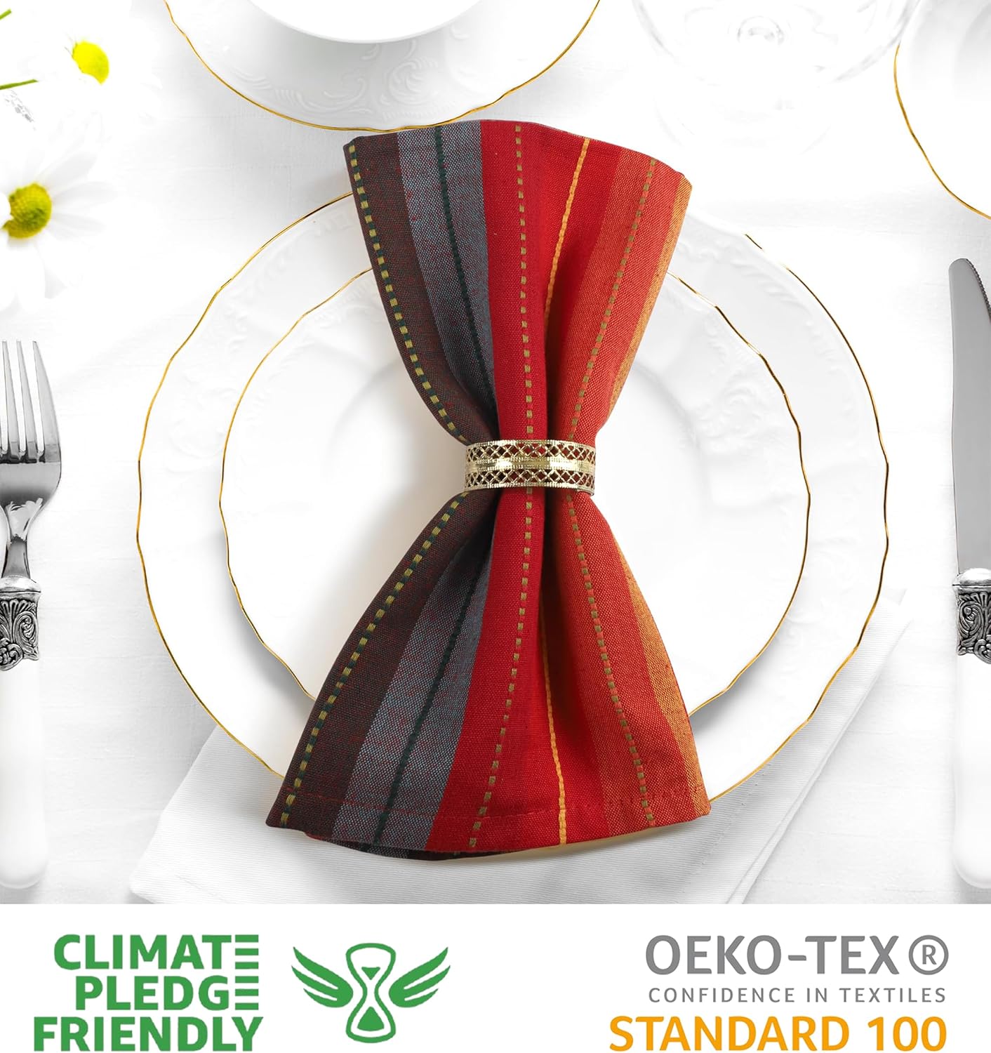 Urban Villa Cloth Napkins Cuisine Stripes 100% Cotton Absorbent Dinner Napkins Set of 12 20x20 Inches Red Multi Color Soft Durable Washable and Reusable Ideal for Everyday Use Wedding Parties Napkins