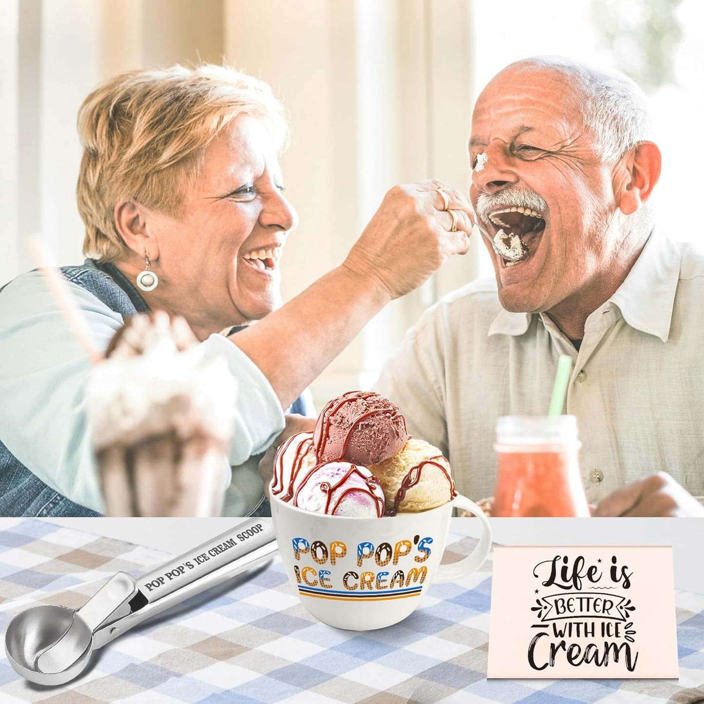 Christmas Pop Pop Gifts, Gifts for Poppop from Grandkids, Pop Pop's Ice Cream Bowl Scoop Shovel Spoon Set, Pop-Pop’s Ice Cream Gift, Ideal Xmas Birthday Father's Day Man Gifts