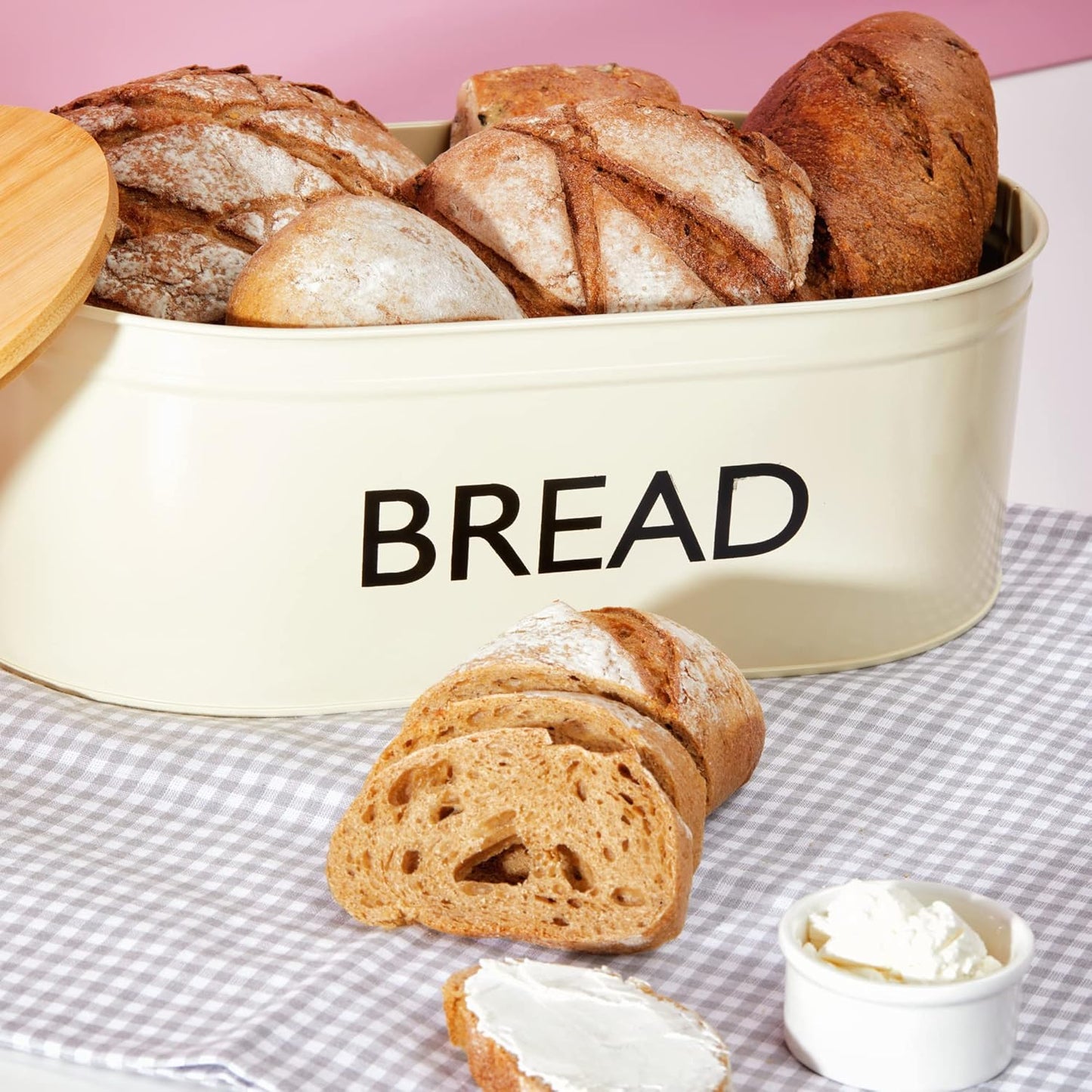 RoyalHouse Premium Metal Bread Box with Bamboo Lid, Stainless Steel Large Bread Bin Storage Container And Organizer for Kitchen Countertop, Vintage Style Kitchen Decor