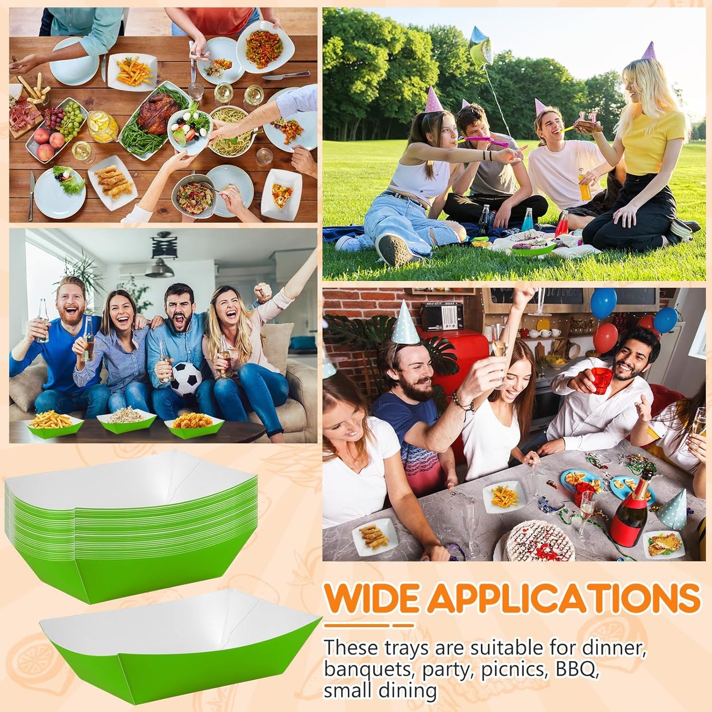 100 Pcs Green Paper Food Tray Sturdy Disposable Food Boats Nacho Plates Disposable Serving Snack Trays for Catering, Party Birthday Supplies, and Food Service (Green)