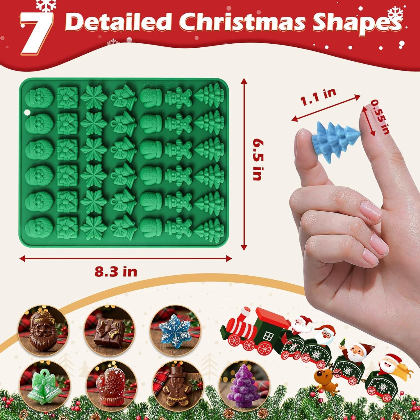 HKNMTT Christmas Silicone Molds for Xmas Candy Chocolate Wax Decor, 84 Cavity 7 Shapes Gummy Mould, Including Santa Gift Box Snowflake Bell Glove Tree Gingerbread Food Grade Holiday Baking DIY Moulds