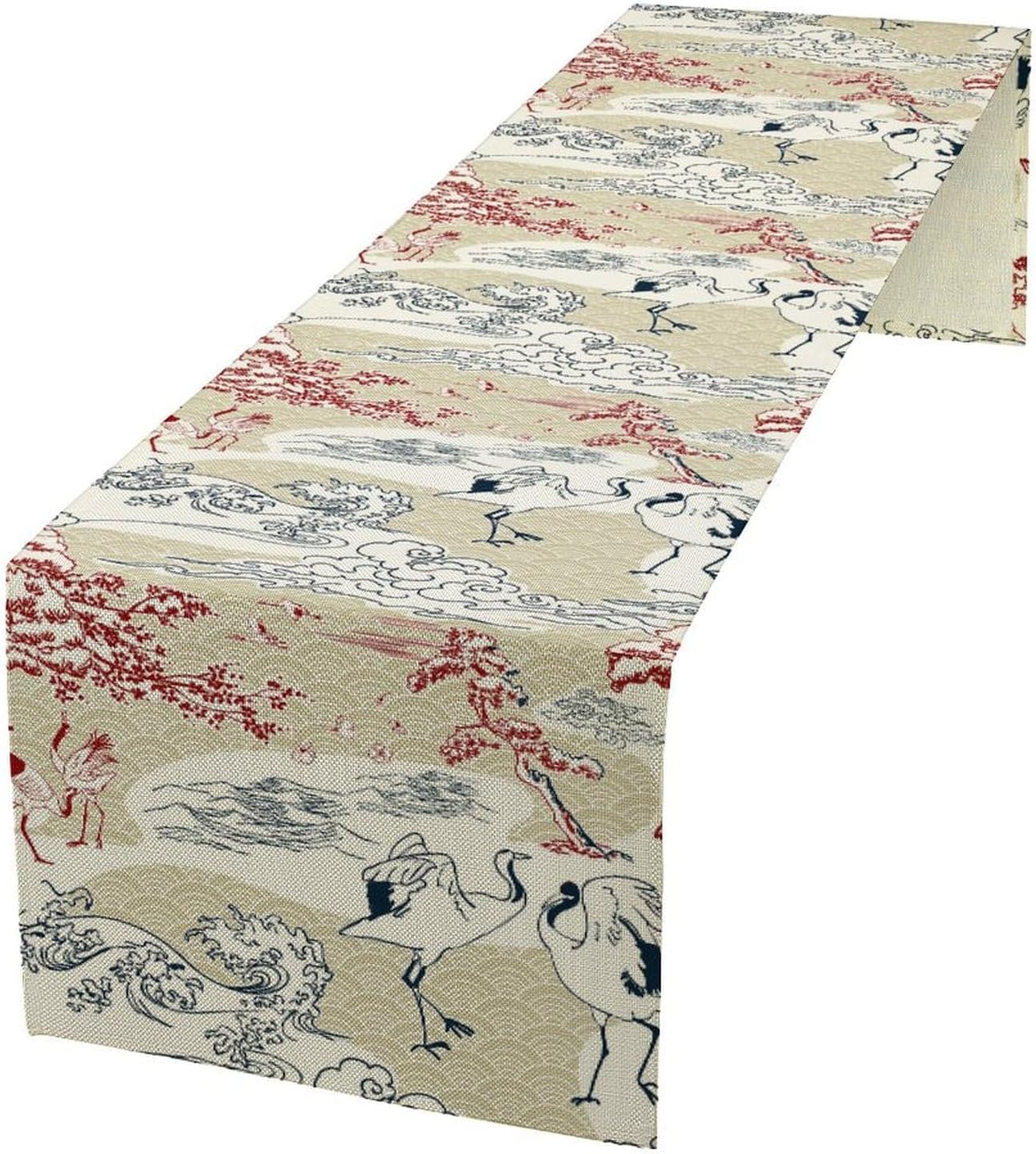 Japanese Crane Table Runner Chinoiserie Vintage Asian Landscape Mountain for Wedding Party Holiday Kitchen Dining Home Party, 13x36 Inch