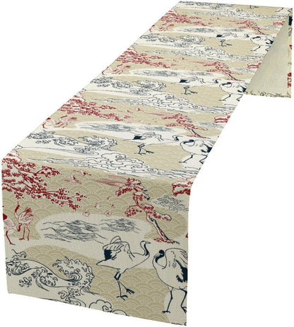 Japanese Crane Table Runner Chinoiserie Vintage Asian Landscape Mountain for Wedding Party Holiday Kitchen Dining Home Party, 13x120 Inch