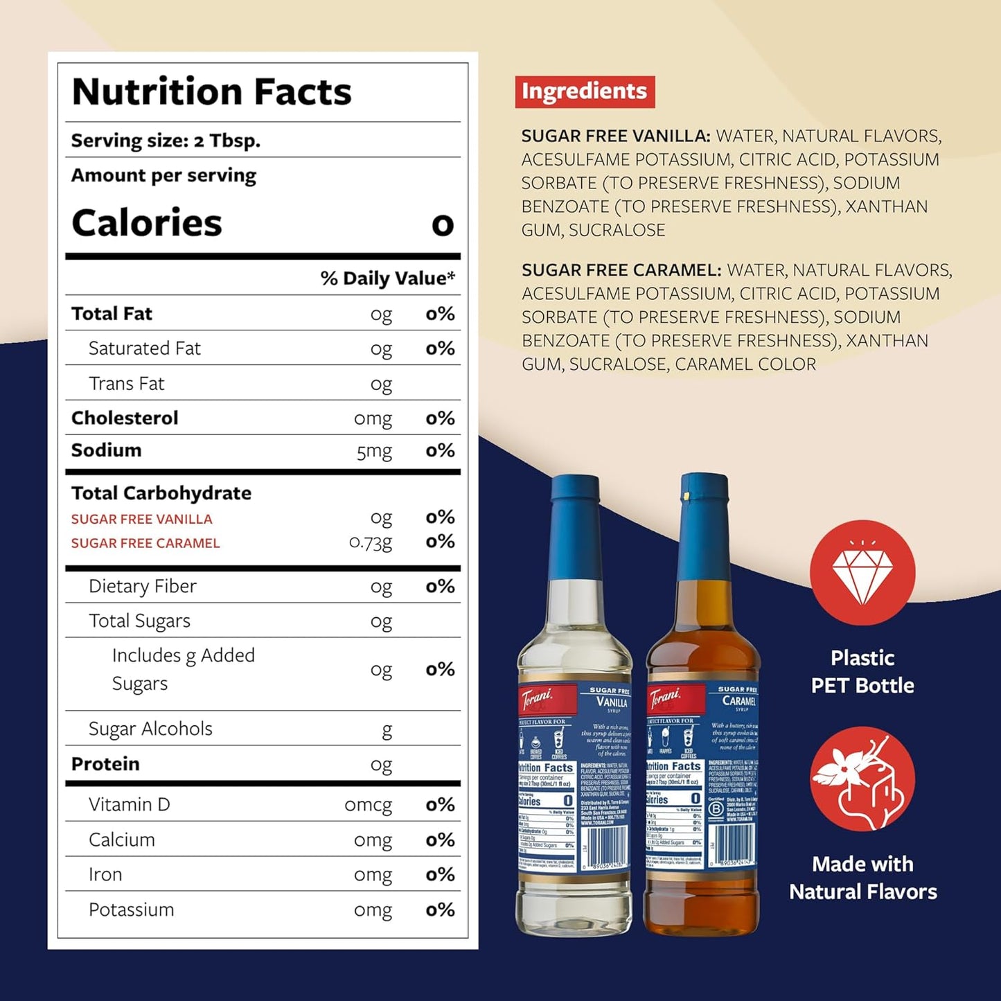 Torani Sugar Free Caramel Syrup and Sugar Free Vanilla Syrup Variety 2-Pack, Coffee Syrups for Drinks, Pumps Included, 25.4 Fl Oz Ea