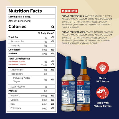 Torani Sugar Free Caramel Syrup and Sugar Free Vanilla Syrup Variety 2-Pack, Coffee Syrups for Drinks, Pumps Included, 25.4 Fl Oz Ea