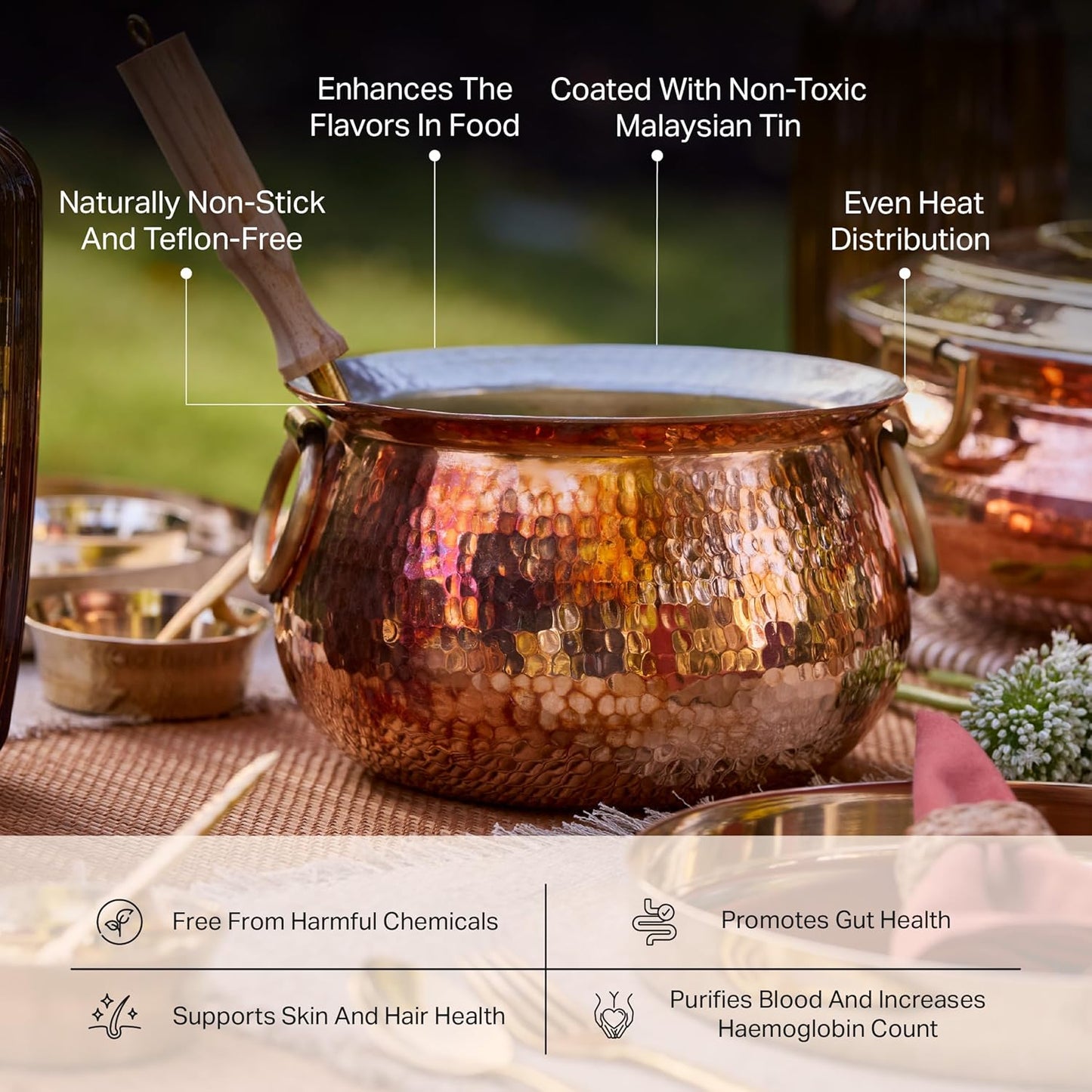 P-TAL 9" Dutch Oven 100% Pure Copper Cooking Pot 3.6 Quarts Stew Pot with Ayurvedic Health Benefits Copper Cookware