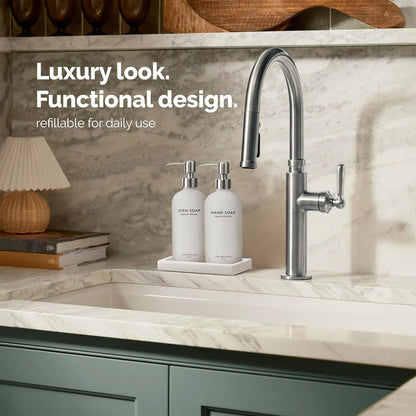 Vine Creations Glass Soap Dispenser Set, Kitchen Soap Dispenser Set with Ceramic Tray, 16 oz Dish Soap and Hand Soap Dispensers with Stainless Steel Pump Decor (White Bottle/Silver)