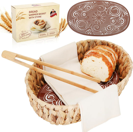 Bread Warmer Basket with Stone, Bread Baskets for Serving Tortilla,Bread Basket with Warming Stone, Ideal Bakers' Gift for Kitchen Lovers, Men & Women, New Homes, 1 Year Full Warranty