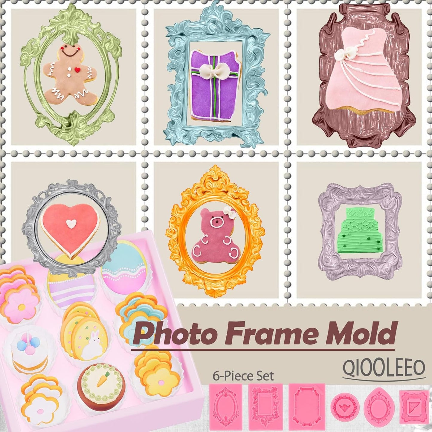 6 PCS Baroque Frame Molds Silicone, Picture Frame Chocolate Mold and Resin Frame Mold for Fondant, Clay Molds for Crafts, Cake Decorating, Cupcake Topper, Chocolate, Candy, Polymer Clay