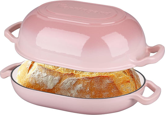 Enameled Cast Iron Sourdough Bread Oven, Dutch Oven, Loaf Cast Iron Bread Pan for Homemade Bread Baking, Meatloaf Pan with Lid, 7QT, Pink