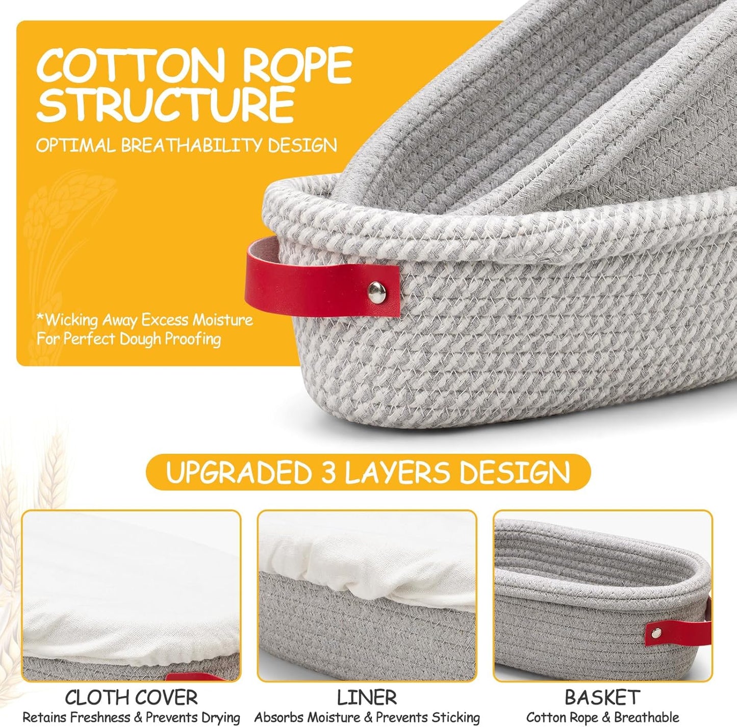 Banneton Bread Proofing Basket - Cotton Oval Banneton Basket Set of 2 Sourdough Proofing Baskets Round Proofing Bowls Handmade Rattan Baskets and Liners