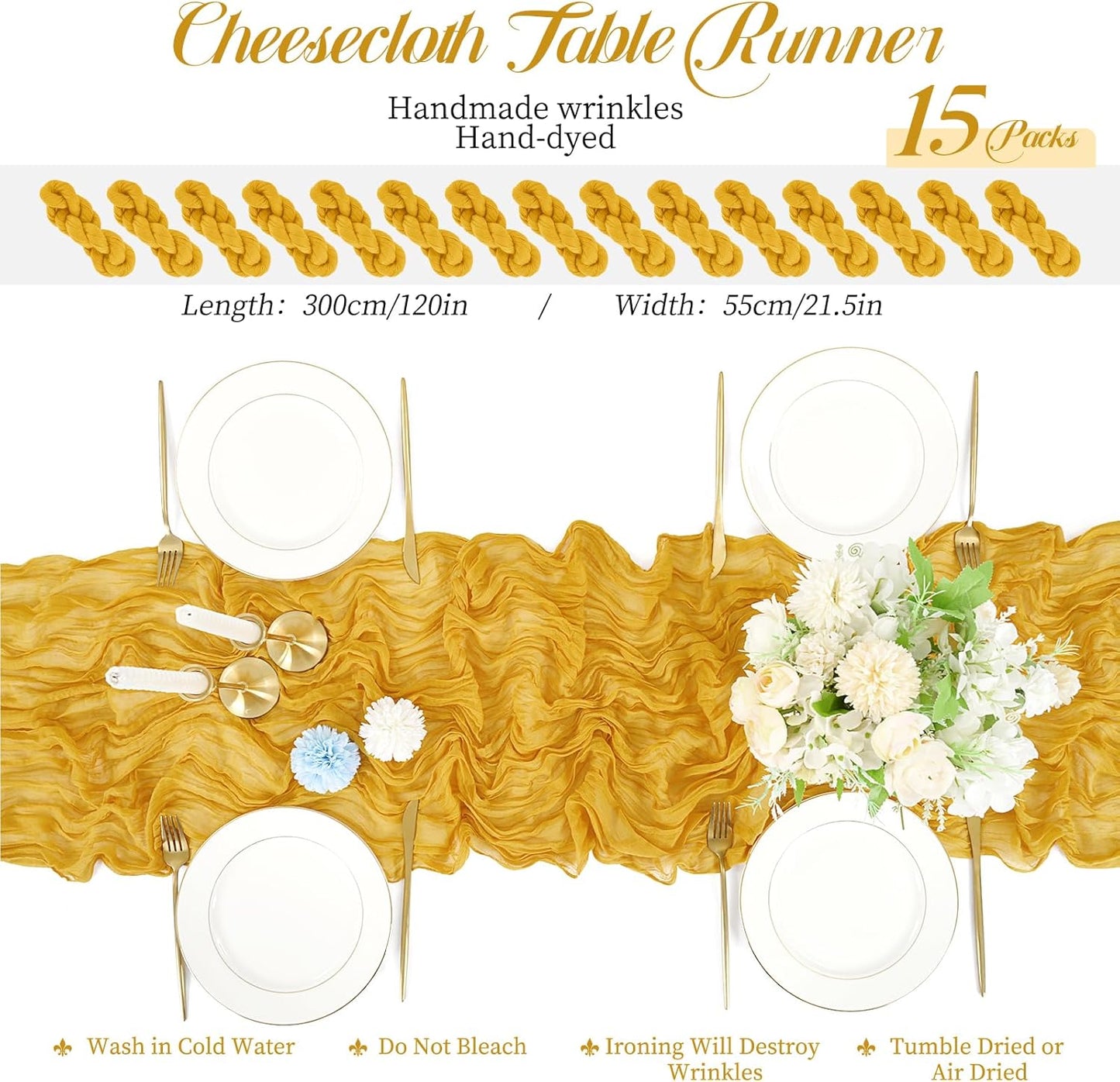 15 Packs Cheesecloth Table Runner Mustard Yellow,10 Ft Rustic Gauze Boho Wedding Table Runner Decoration,Wedding Table Decor Table Cloth for Wedding Party Bridal Shower Table,21.5x120in