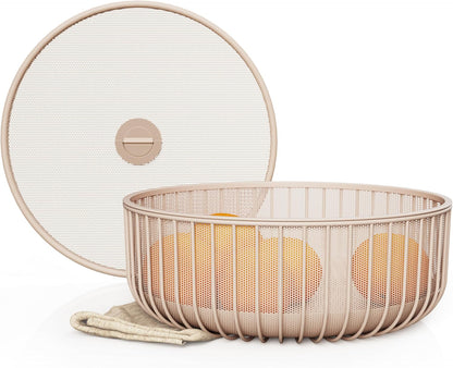 Metal Fruit Bowl with Mesh Lid and Basket - Fruit and Vegetable Holder For Kitchen Counter - Countertop Display Baskets Organizer - Bowl Storage for Veggie, Fruits, Snack, and Banana - Peach