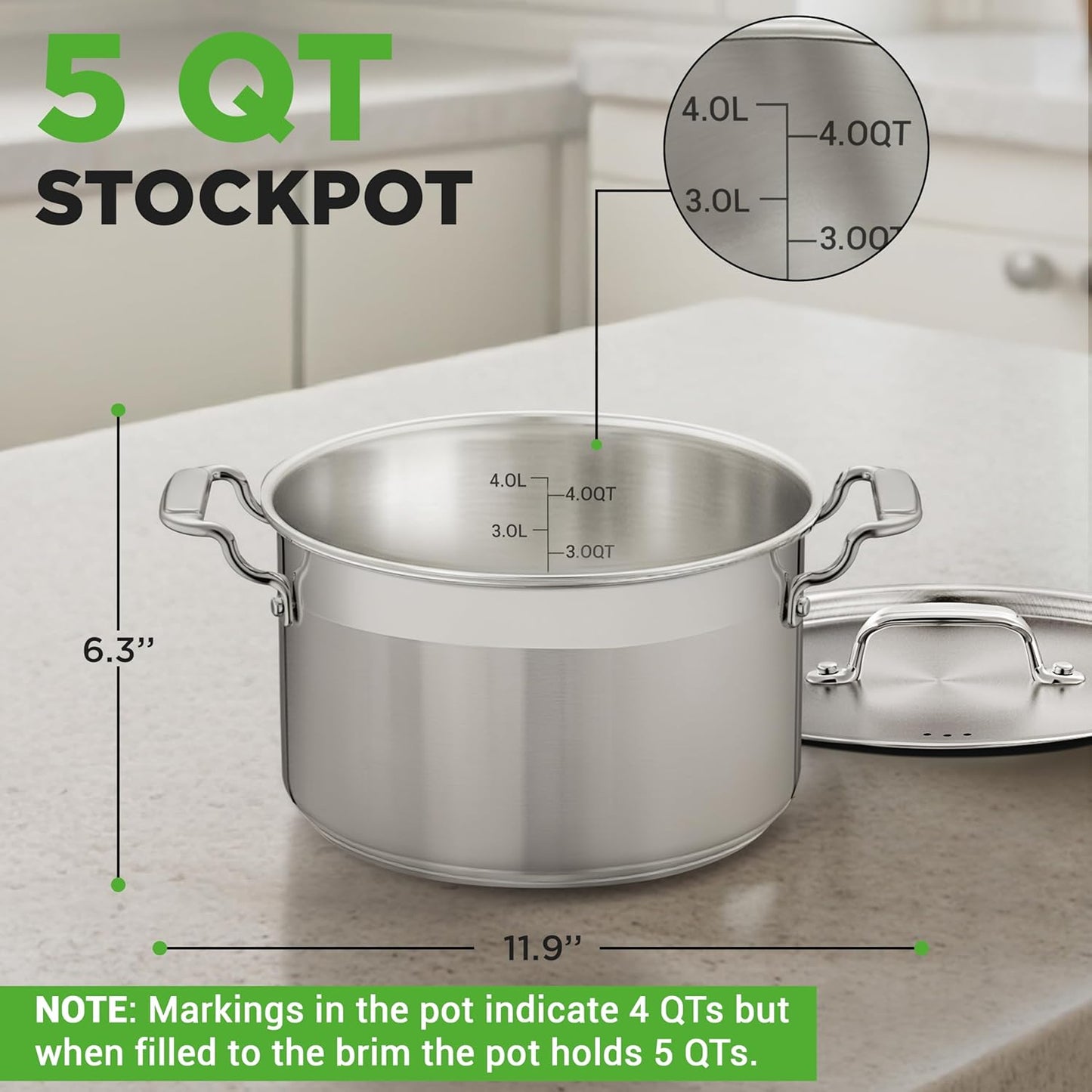 NutriChef 5-Quart Stainless Steel Stockpot with Lid- 18/8 Food Grade Heavy Duty Inox Large Stock Pot for Stew, Soup, Works w/ Induction