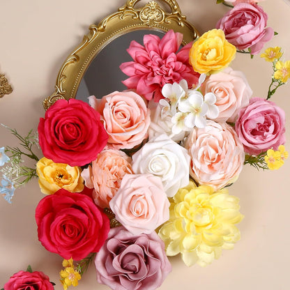 Artificial Flower Box Set Pink & Yellow Silk Flowers Rose Faux Flowers for DIY Bouquets Centerpieces Arrangements Table Decor Baby Shower Party Home Decor (Pink & Yellow)