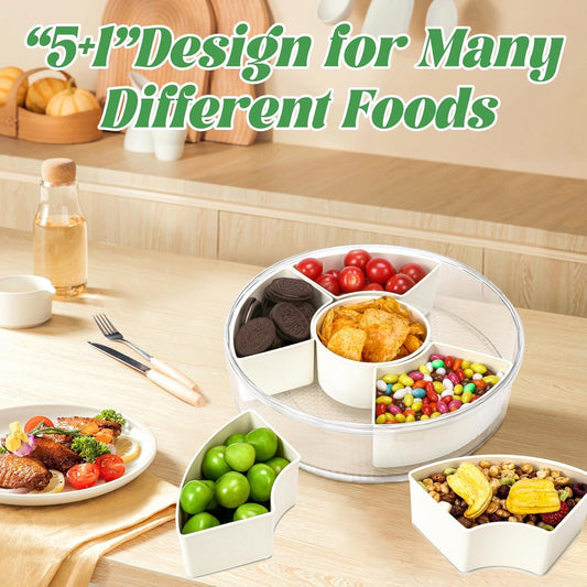 Snackle Box Container Divided Serving Tray with Lid, 6-Compartment Portable Spinning Round Stackable Container, Handle for Organize Veggies, Fruit, Candy, Party Snacks, Nuts, Kitchen Party Essentials