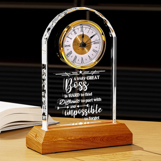 Ornalrist Boss Crystal Clock Gifts for Women, Men with Wooden LED Light Base, Boss Appreciation Gift Idea for Leader's Day, Desk Office Home Decor