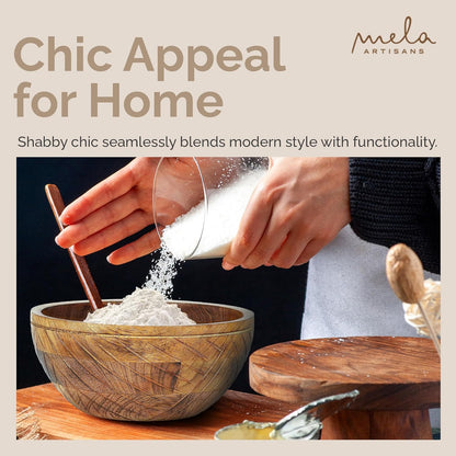 Mela Artisans Wooden Fruit Bowl | Light Burnt Finish | 9” Decorative Mango Wood Serving Bowl | Multipurpose for Kitchen Countertop | Salad | Dessert | Snacks | Breads & More | Natural Grain Pattern