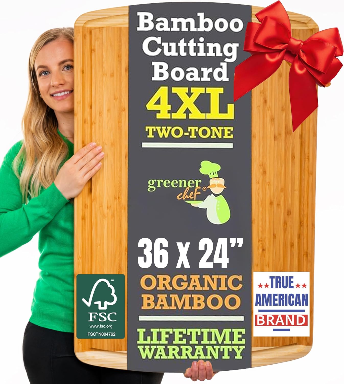 FSC® Certified 36 x 24 Inch Extra Large Bamboo Cutting Board with Lifetime Replacements – 4XL Butcher Block, Oversized Carving & Charcuterie Board, Stovetop Cover for Kitchen Counter Space