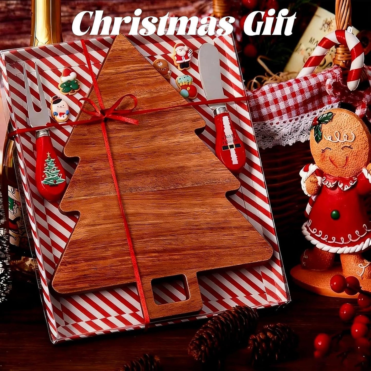 Christmas Tree Cutting Board, Wooden Kitchen Decoration Appetizer Butter Platter Fruit Tray for Charcuterie Holiday