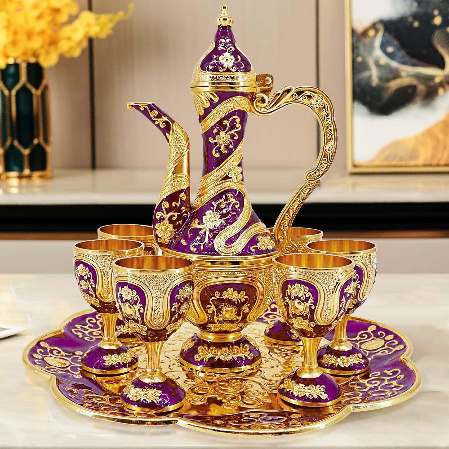 Vintage Turkish Coffee Pot and Cups Set,Tea Service Set Including Teapot,Tea Tray and Metal Cups for Wine Cabinet Decor,Wedding Ornaments (Gold and Purple)