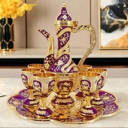 Vintage Turkish Coffee Pot and Cups Set,Tea Service Set Including Teapot,Tea Tray and Metal Cups for Wine Cabinet Decor,Wedding Ornaments (Gold and Purple)