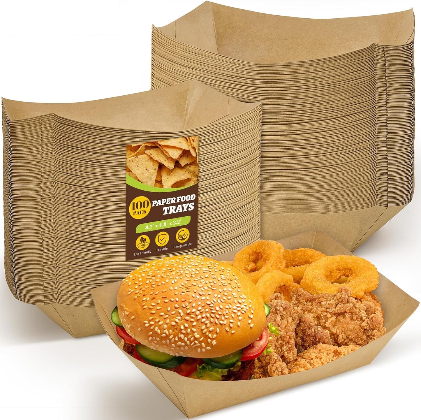 Ocmoiy 5lb Extra Large Paper Food Trays, 100 Pack Heavy Duty Kraft Food Boats Holders Disposable Serving Basket Trays for Nachos, Burgers, Tacos, Fries, Hot Dog, Sandwiches