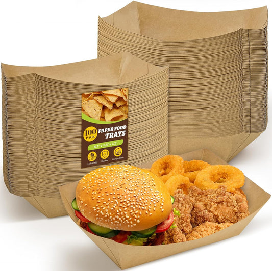 Ocmoiy 5lb Extra Large Paper Food Trays, 100 Pack Heavy Duty Kraft Food Boats Holders Disposable Serving Basket Trays for Nachos, Burgers, Tacos, Fries, Hot Dog, Sandwiches