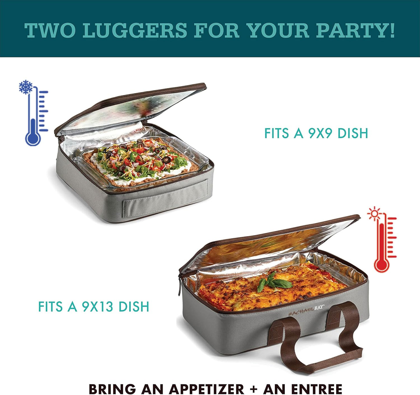 Rachael Ray Lugger Duo, Insulated Casserole Carrier for Hot or Cold Food, Thermal Lasanga Lugger Tote for Pockluck, Parties, Picnic, and Cookouts, Fits 9" x 13" Baking Dish, Burgundy