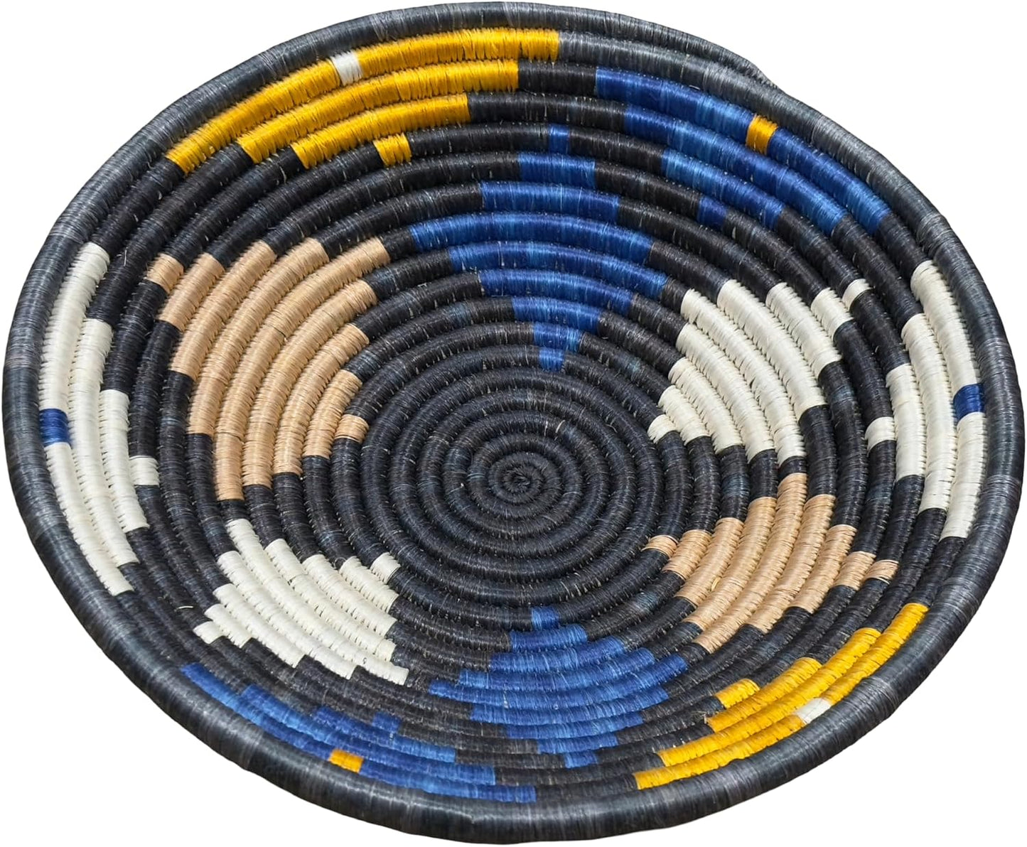 Handwoven African Basket Handmade sisal Fruit Bowl Wall Hanging decorative Baskets for Home Living Room Kitchen Centerpiece Zen Designs Arts and Crafts (Charcoal Grey Blue Tan, 8in diameter)