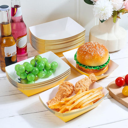 50 Pcs 2lb Paper Food Boat Trays Disposable，Snack Tray，Food Trays for Snack French Hot Dog Taco Popcorn Picnic party Wedding，Concession Stand Supplies (Yellow)