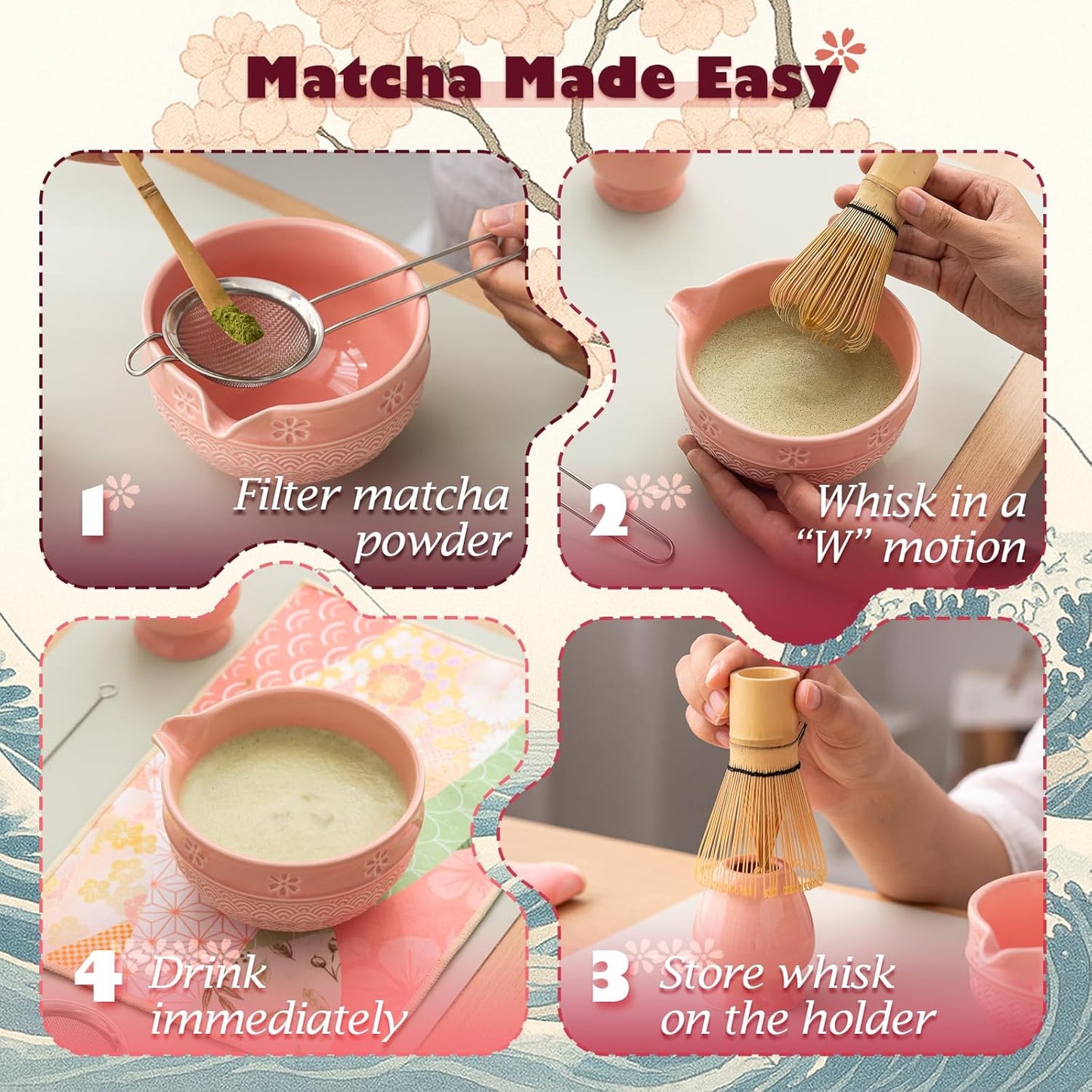 Matcha Tea Set, 8 Pcs Japanese Matcha Kit with Cherry Blossom and Wave Design Ceramic Bowl, Bamboo Whisk, Whisk Holder, Scoop, Sifter, Brush, Matcha Kit Set for Matcha Lovers (Pink)