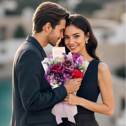 TINGE TIME Aritifical Flowers Bouquet, Purple Gift Bouquet, Birthday Gifts for Women, Eternal Roses Bouquet for Grandma Wife Anniversary