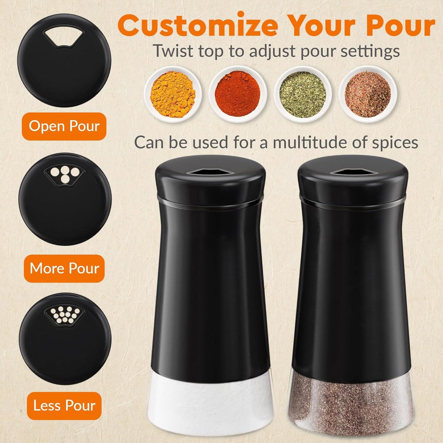 HOME EC Original Salt and Pepper Shakers Set with Adjustable Pour Holes - Black Salt Shaker and Pepper Shaker - Farmhouse Spice dispenser for salts, Ground peppercorn and spices