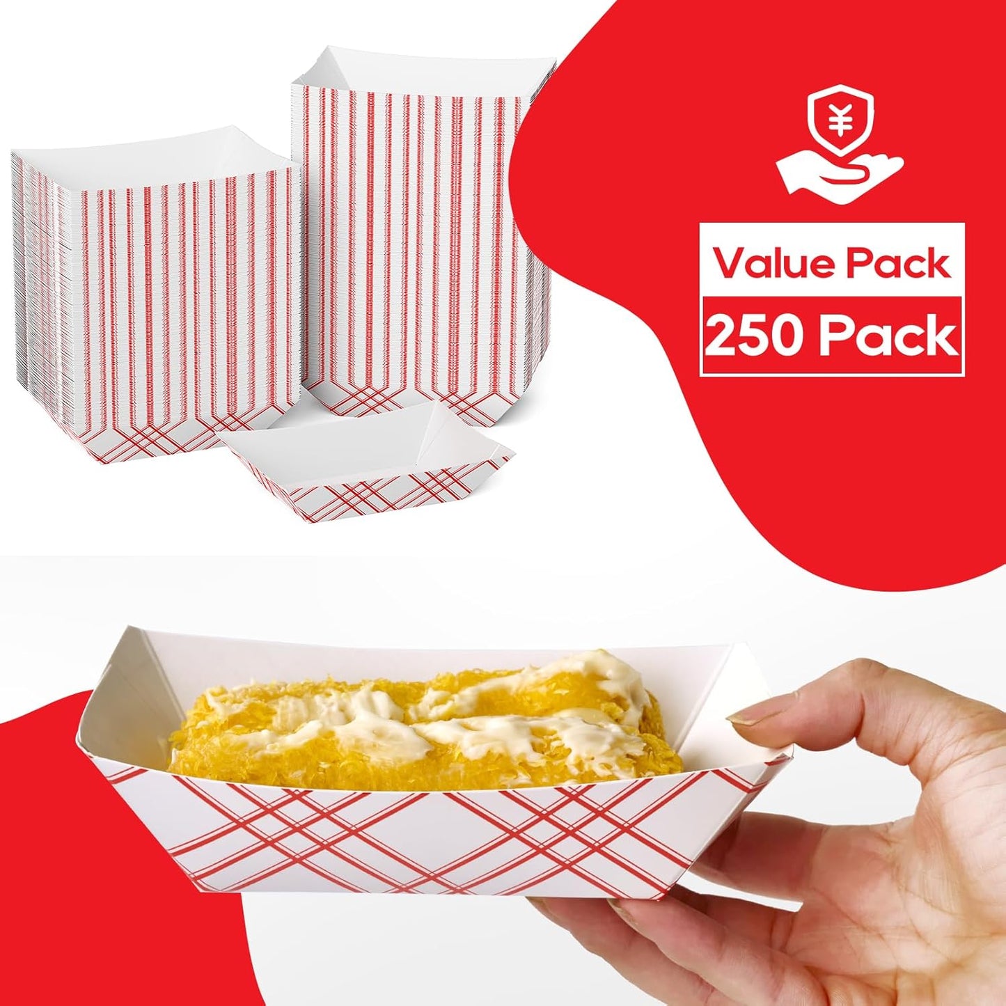 ECOLipak 250 Pack 2lb Paper Food Tray Red, Disposable Paper Food Boats, Food Holder Trays, Serving Boats for Taco Hot Dog Snack Fries Dessert Popcorn Sauce Nacho