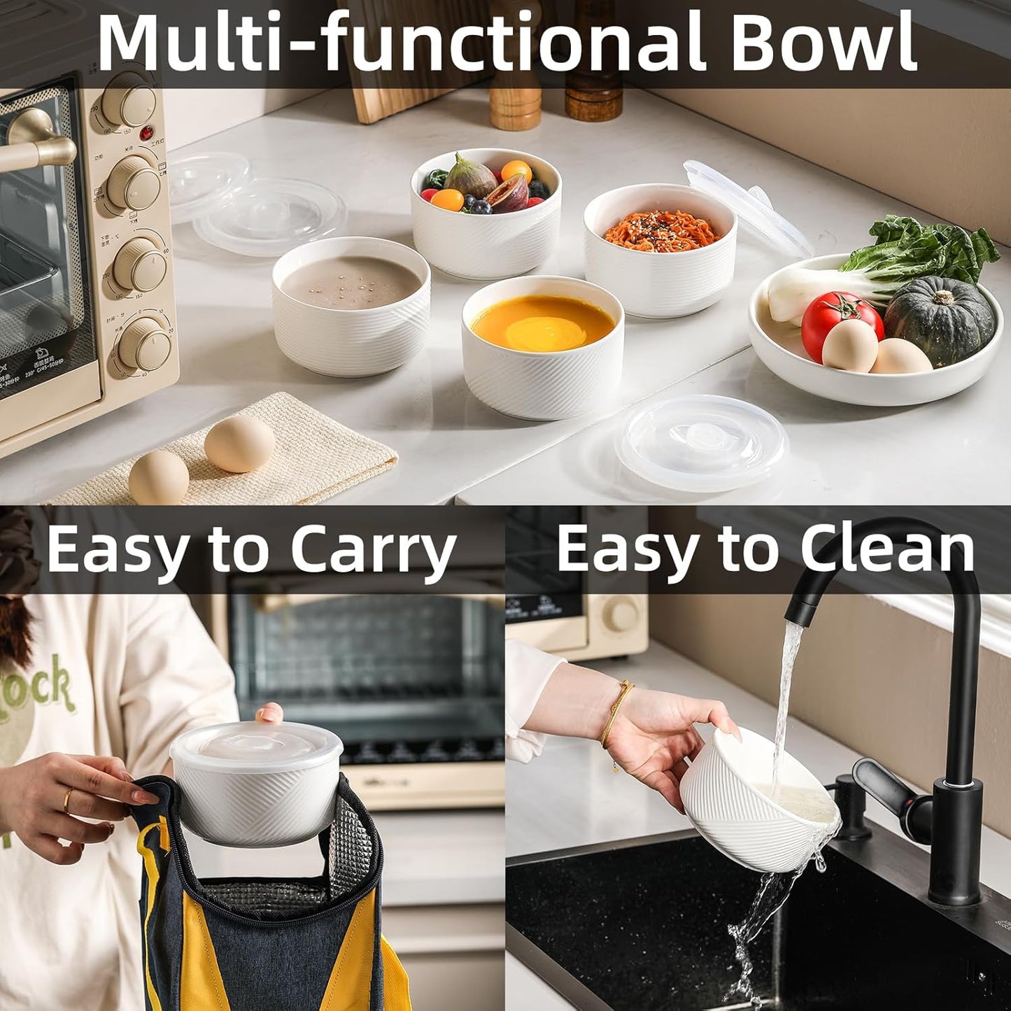 Ceramic Bowl with Lid: 20 oz Microwave Safe Food Storage Container for Soup, Salad, Cereal, Leftovers, Meal Prep, Lunch, Picnic, Camping, Serving - Airtight, Navy, 1 PCS