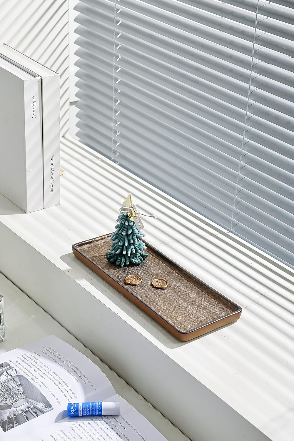 Vanity Tray, Ceramic Decorative Tray, Rectangular, Brown, 12"4.7", Rustic Finish, Raised Edges, Perfect for Perfume, Jewelry, Bath Accessories, Cosmetics, Toiletries