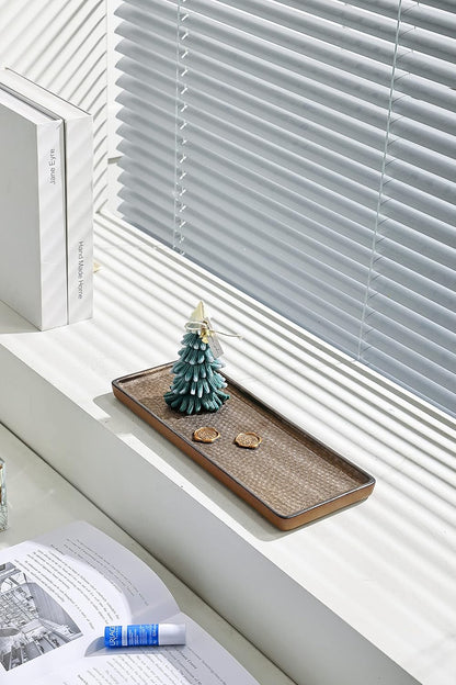 Vanity Tray, Ceramic Decorative Tray, Rectangular, Brown, 12"4.7", Rustic Finish, Raised Edges, Perfect for Perfume, Jewelry, Bath Accessories, Cosmetics, Toiletries