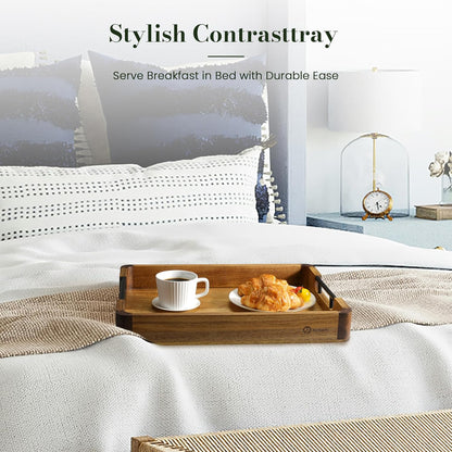 Wood Serving Tray with Handles, 17"x13" Large Decorative Ottoman Tray for Coffee Table, Walnut and Acacia Wooden Serving Trays for Party, Home Decor Rectangular Platters with 3 Silicone Mats